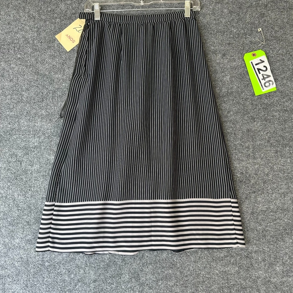 Womens Midi Skirt 26 Black White Pinstripe Pleated Side Zip Elegant Office Work